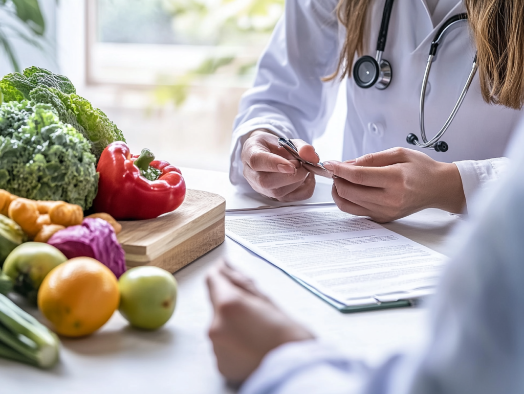 Fotografía mostrando a una especialista en nutrición deportiva registrando la información de un paciente.